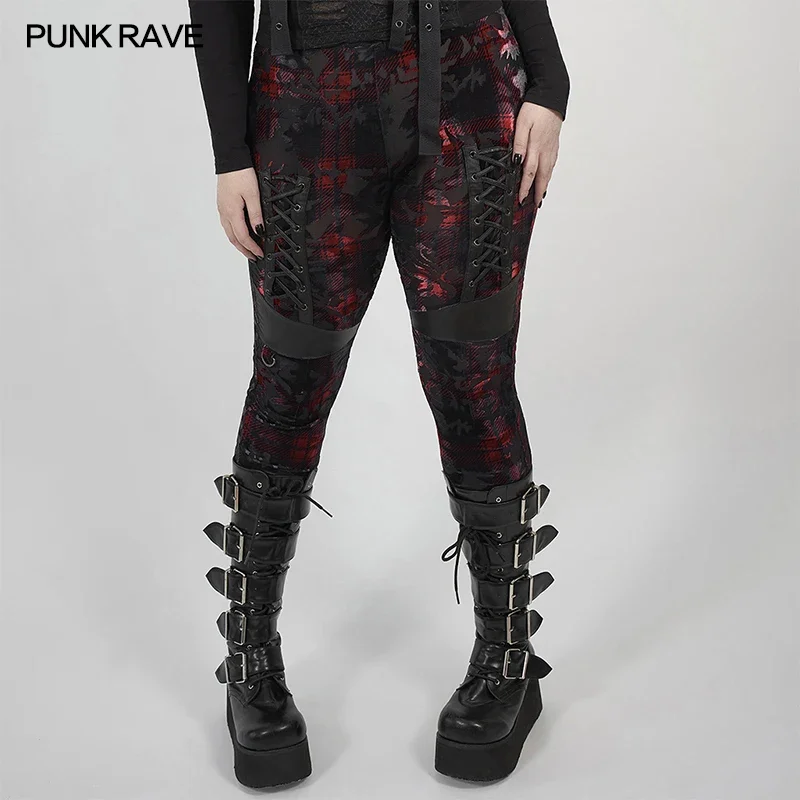 

PUNK RAVE Plus Size Women's Dark Silhouette Vase Printed Velvet Leggings Gothic Splicing Imitation Leather Skinny Long Pants