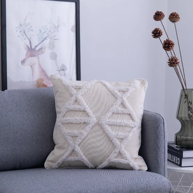 Simple Tufted Cushion Cover Geometric Rhombus Wave Big Tassel Pillowcase Hand-tufted and Crocheted Decorative Sofa Pillow Cover G-45x45cm pillowcase