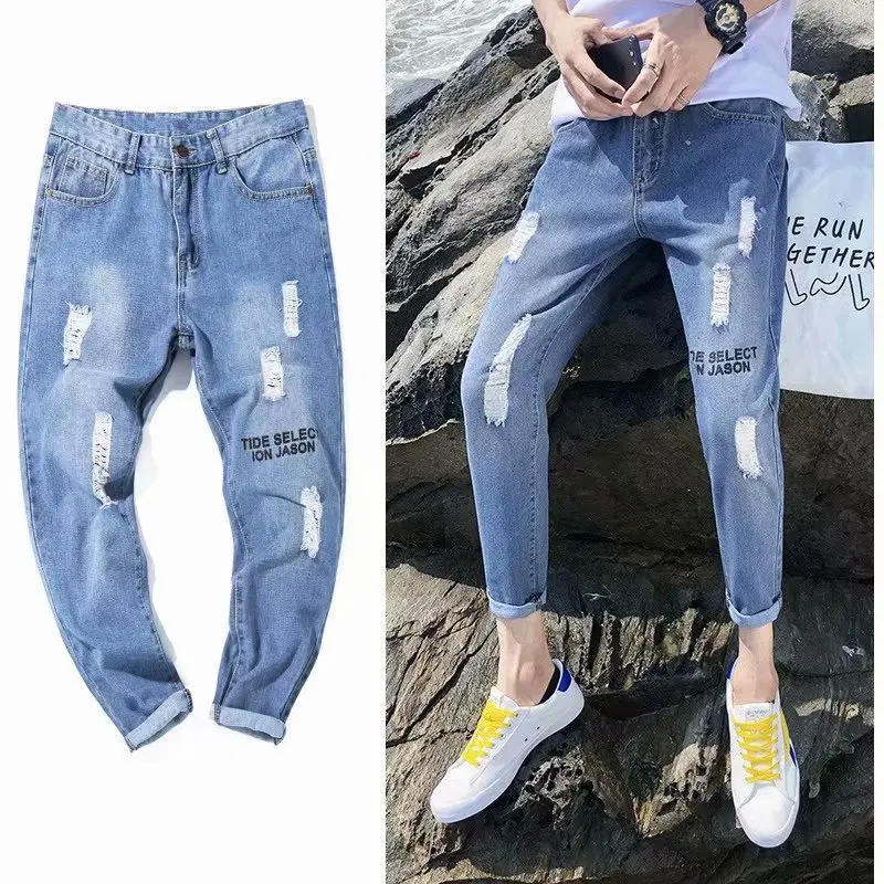 Spring Summer 2022 Fashion Casual New Style Slim Ripped Hole Jeans Male Students Korean Trend Daddy Wide-legged Feet Ankle Pants