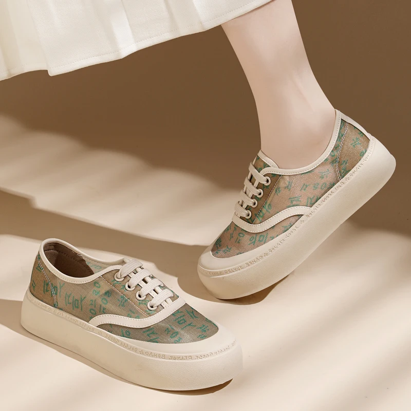 AUTUSPIN 4cm High Brand Women Sneakers Summer Breathable Comfy Ladies Mesh Shoes Outdoor Streetlish Flat Platform Canvas Sneaker