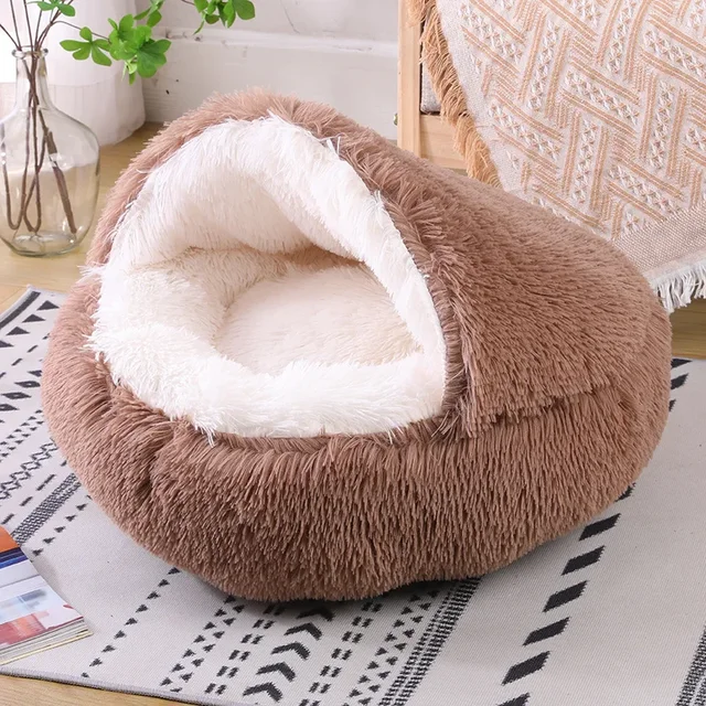 Snooze Cat Bed Round Plush Fluffy Hooded Cozy Cat Bed Cave for Indoor Donut Self Warming Small Dog Bed Anti-anxiety for Winter 5