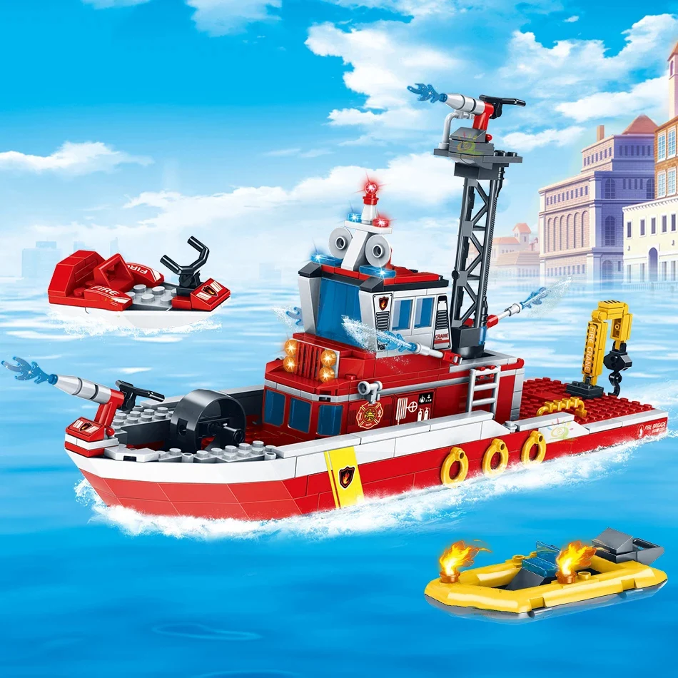 

408PCS Boys City Fireboat Ships Model Building Blocks Rescue Man Figures Construction Bricks Toys For Children Christmas Gift