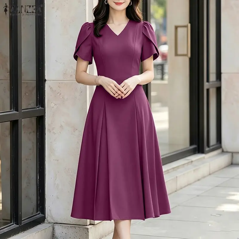 ZANZEA Abito estivo elegante da donna con scollo a V e maniche a petalo, vestito casual a pieghe a trapezio tinta unita per l'ufficio o le vacanze