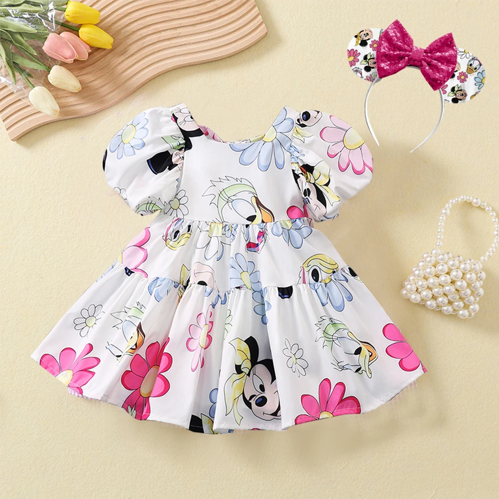 

Disney Minnie Mouse Floral Dress for Baby Girl 2024 Summer Puff Sleeve Mickey Mouse Printed Sweet Dress 24M-8Y Children Clothing