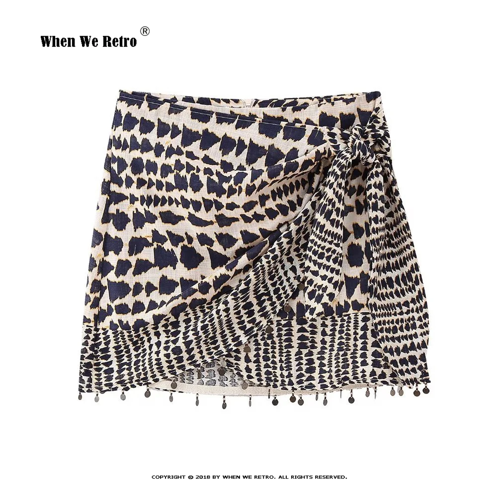 

New Vintage Geometric Print Knotted Mini Sarong Skirt Faldas Mujer Female Beading Tassel Casual Zipper Wrap Short Skirts RS918