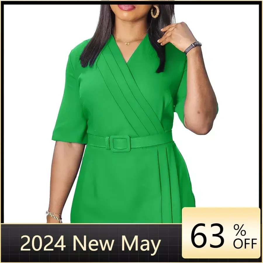 Summer Fashion Solid Dress Women Elegant OL Neck Short Sleeve Belt Split Dress Women