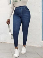 Plus Size Women's High Elasticity Pants Imitation Jeans Printed Washed Effect Slim Fit Female Bottoms Casual Knit Trousers - Image 2