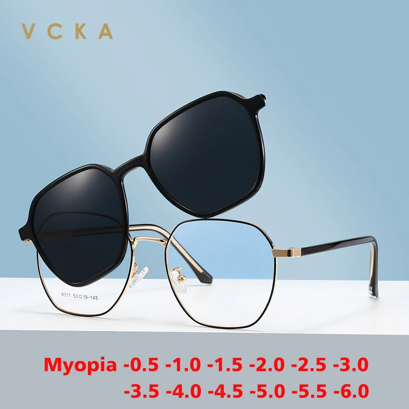 

VCKA 2 in 1 Magnetic Clip Myopia Polarized Sunglasses 2024 NEW Men Women Glasses Big Frames Optical Eyewear -0.5 to-10