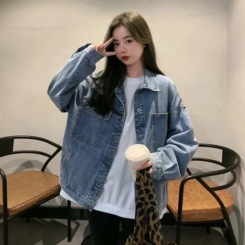 Women's Loose Denim Coat Korean Style Single-Breasted Long Sleeve Jacket Woman 2024 Spring Autumn Vintage Casual Jean Tops Mujer