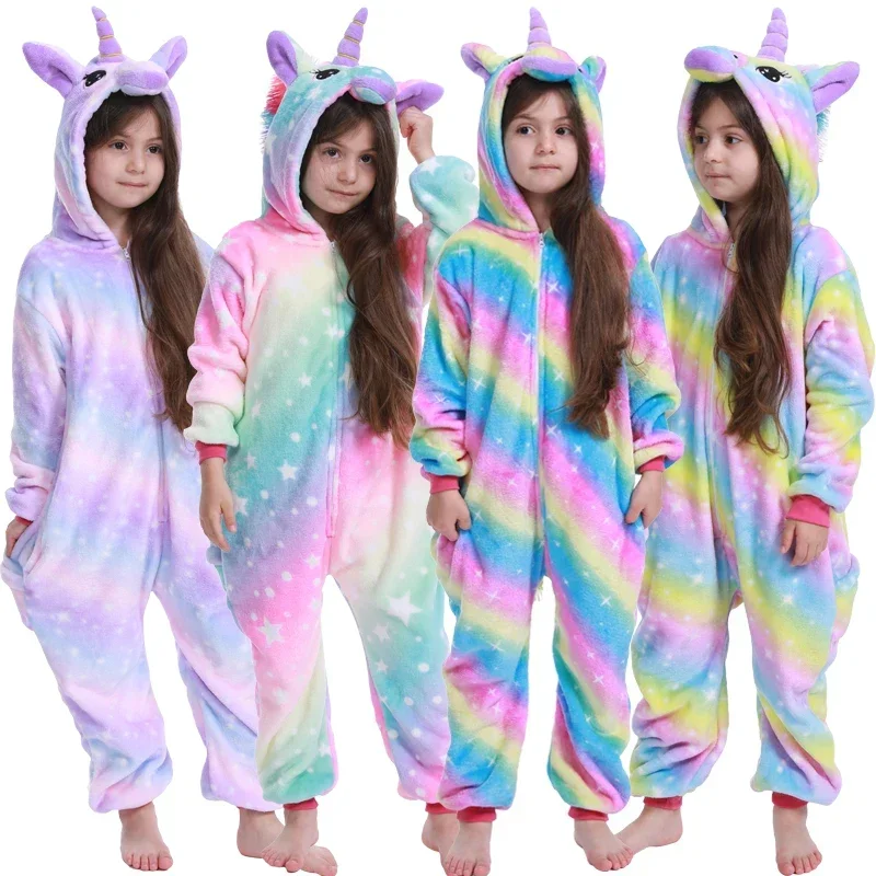 Girls Rainbow Unicorn Pajamas Children Flannel Kigurumi Kids Cosplay Costumes For Halloween Boys Stitch Panda Pijama