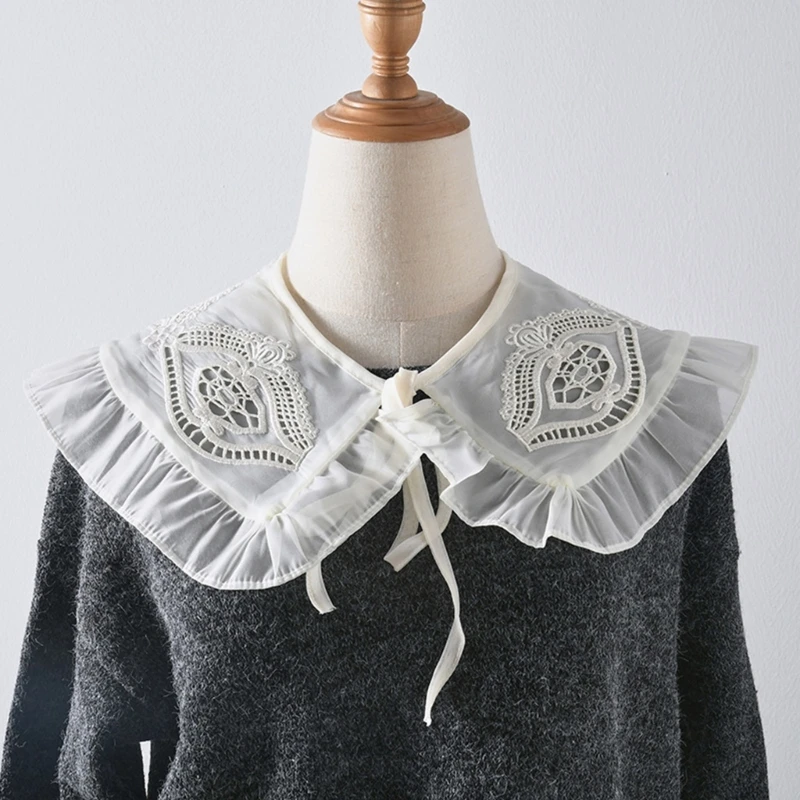 

Korean Style Women Embroidery Lace Faux Collar Shawl Scarf Ruffled Trim Shoulder Wrap Half Shirt Lace-Up Poncho Capelet