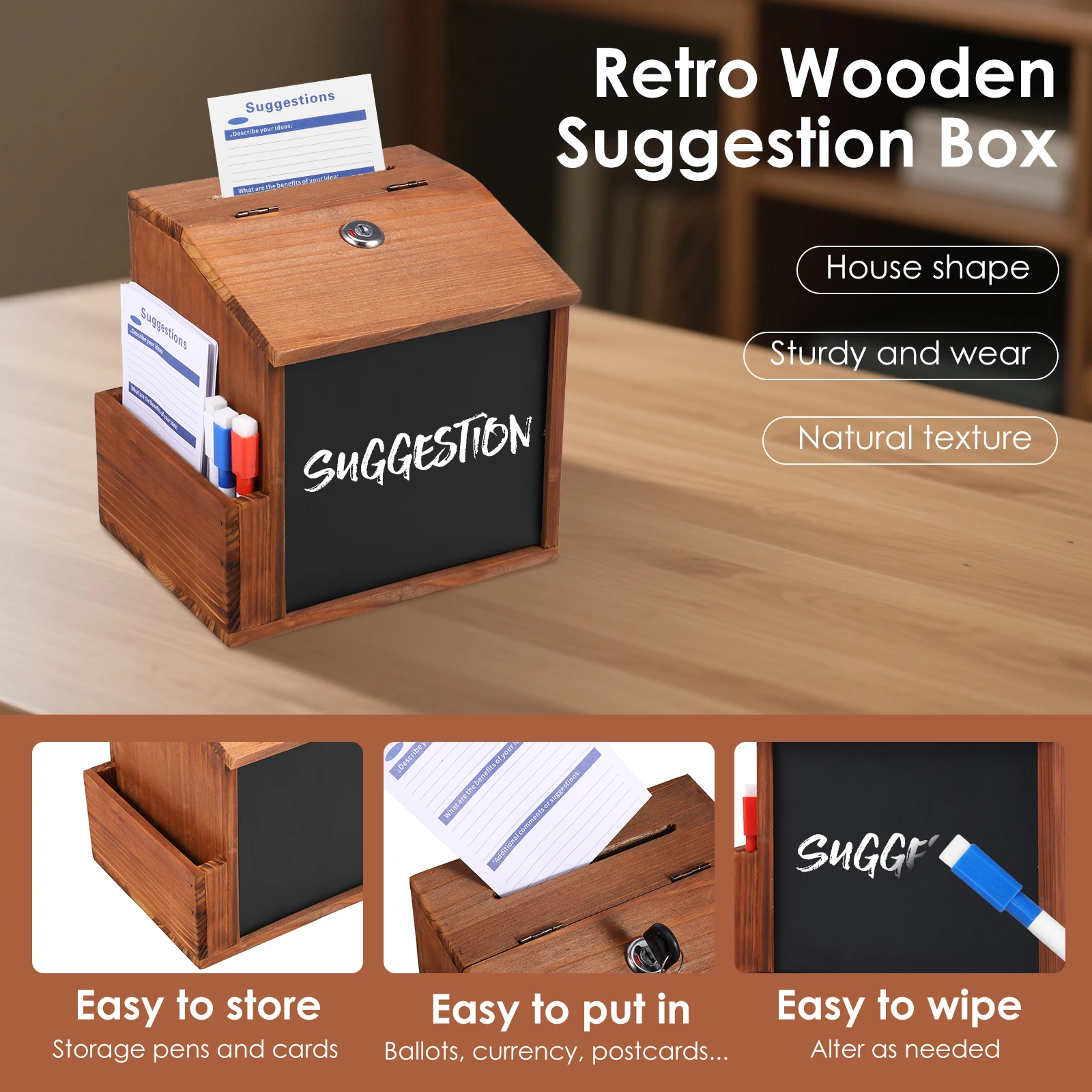 Wood Suggestion Box Wall-mounted Comment Box with Slot and 3 Erasable Pens Lockable Money Drop Box for Home Office Decoration