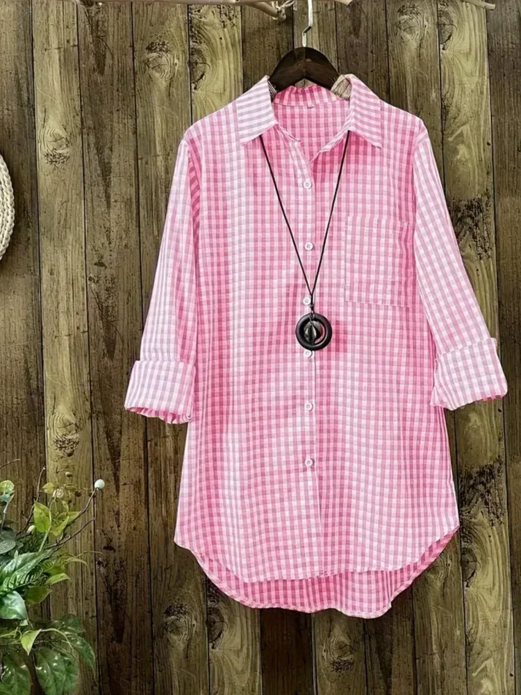 Plaid Women's Spring Fall Cotton Linen Long Sleeves Roll Up Striped ...