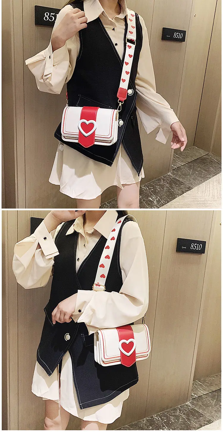 Xiuya Sweet Cute Small Shoulder Bag Female Valentines Day Trendy Korea Heart Messenger Bag Fashion Broadband Square Purse Wallet