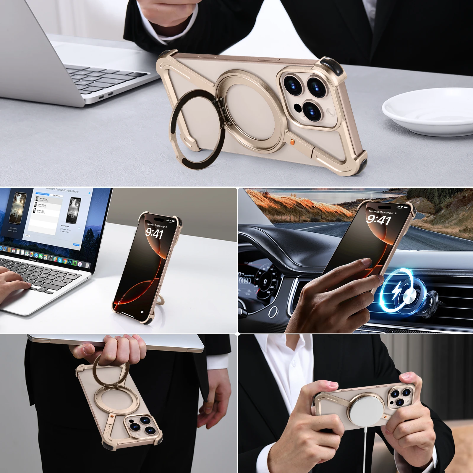 Eary Z Case for iPhone 16 15 14 13 Pro Max Phone Case with Magsafe 360°Rotatable Magnetic Kickstand Metal Desert Titanium Cover