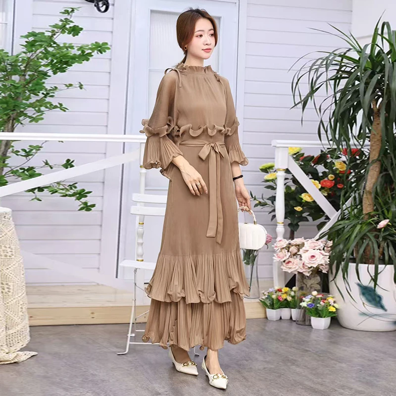 LANMREM Niche Ruffled Design Pleated Women's Dress 2025 New Temperament Patchwork Flare Sleeve Bandage Waist Dresses 2DB3777 - Image 5