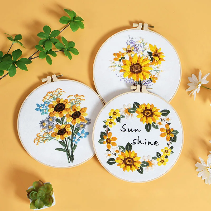 Embroidery Kit for Beginners Adults with Pattern Stamped Color Threads-Sunflower