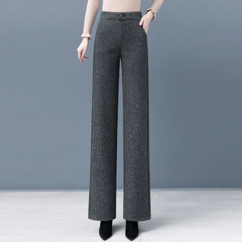 Women Plus Velvet Wide Leg Pant Korean Fashion Woolden Blend Baggy Trousers Fall Winter Fleece Lined Straight Stretch Pantalones
