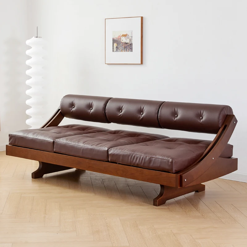 

Full solid wood three person sofa, retro cherry wood leather sofa bed