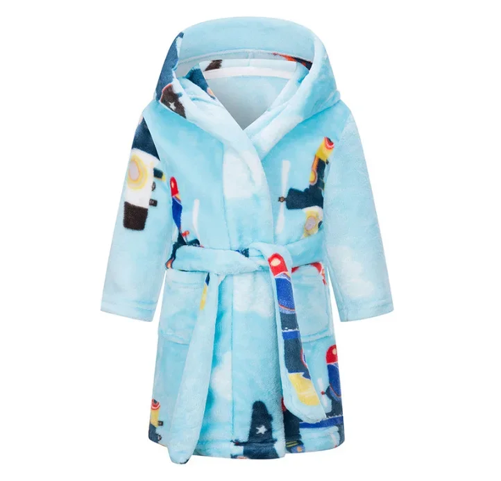 Winter Children Robe Warm Robe for Kids Cartoon Flannel Hooded Towel Bathrobe for Boys Girls Dressing Gown Nightgown