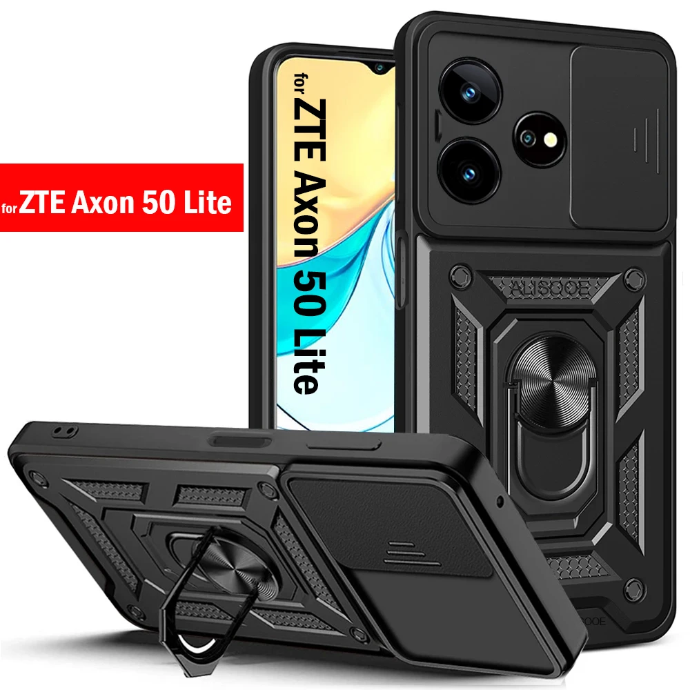 Slide Camera Funda for ZTE Axon 50 Lite Case Armor Ring Stand Protect Cover for ZTE Axon 50 Lite Capa