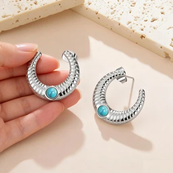 Skyrim Crescent Moon Turquoise Stone Stud Earrings for Women Girls Stainless Steel Earring 2025 Trendy Jewelry Birthday Gift