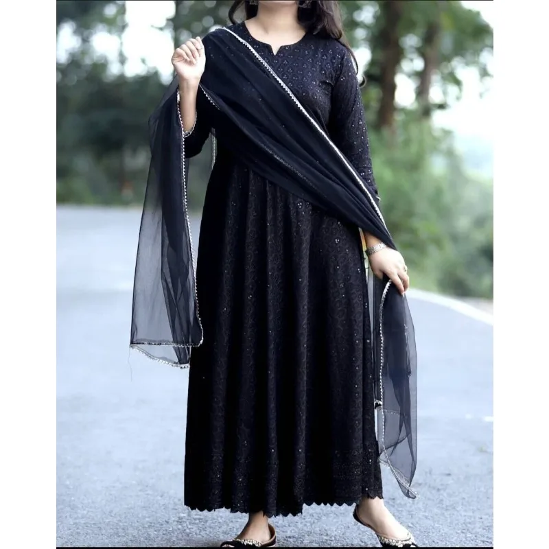 Black Cotton Anarkali Gown Kurti with Dupatta Wedding Wear Gift Dress Pakistani Salwar Kameez