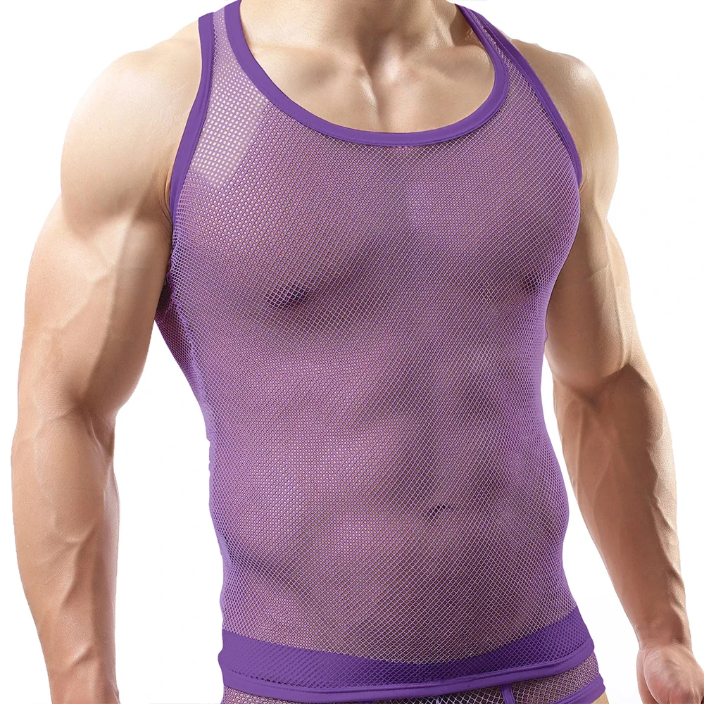 Men See Through Mesh Tank Top Sexy Sleeveless Mesh Sheer Undershirt Singlet Fishnet Transparent Perspective Bodybuilding Tee Top