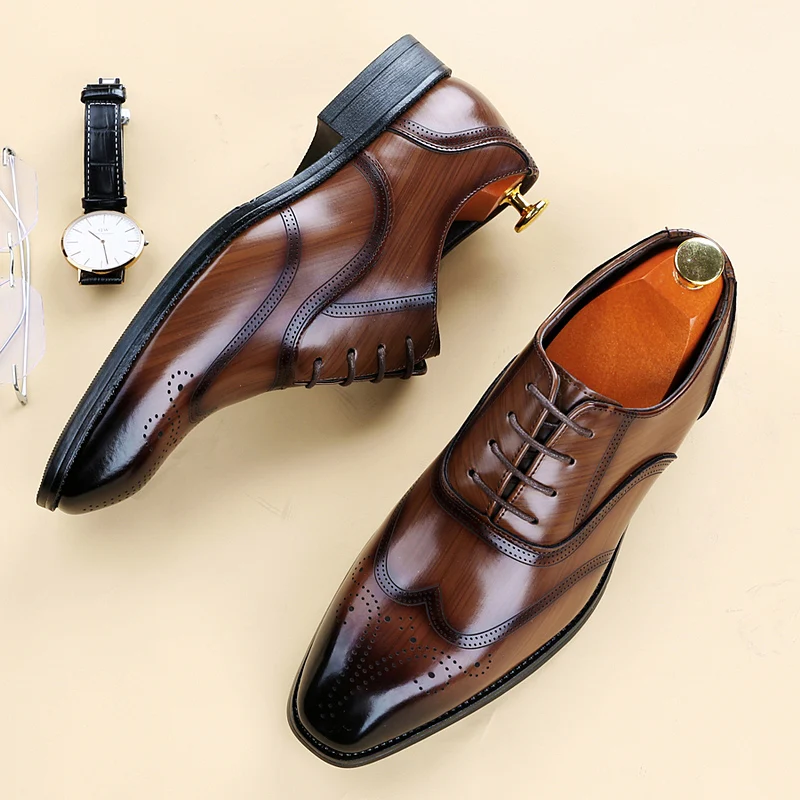 Men's Glossy Leather Brogue Shoes Lace Up Office Business Size 38-48 mens brogue shoes