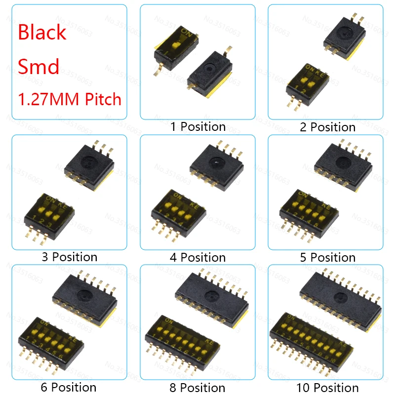 thumbnail image 1 of 5/10 piezas de interruptores de palanca deslizantes de paso de 1,27 mm/2,54 mm, DIP/Smd/ángulo recto, doble fila, 1/2/3/4/5/6/8/10/12 posiciones/bits/vías/canales/pins, 1 of 5