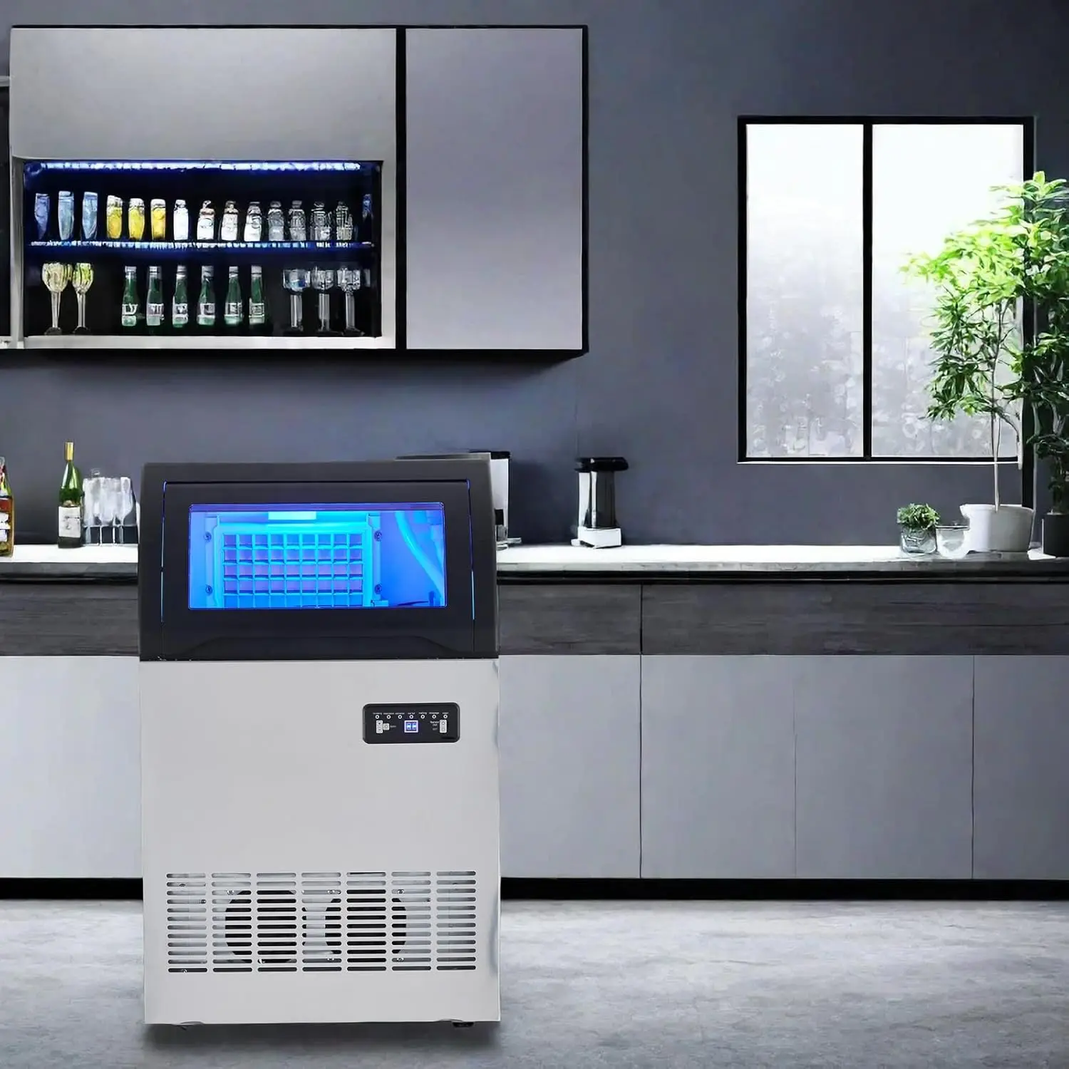 Commercial Ice Maker 100 Lbs/24H, Stainless Steel Freestanding Under Counter Ice Machine with 33 Lbs Storage, For Bar Home