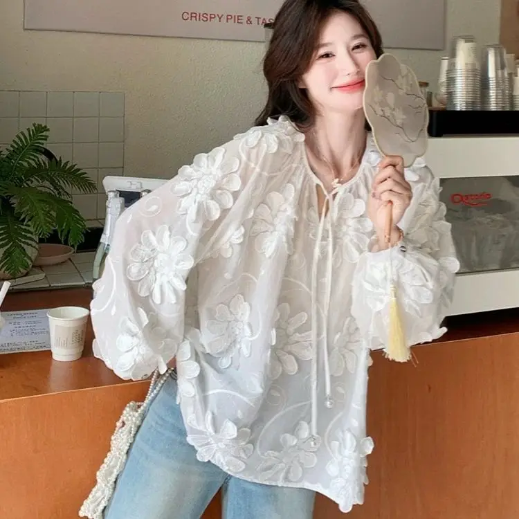 Designer Heavy Embroidery 3D Flower Long Sleeve Blouse Women's