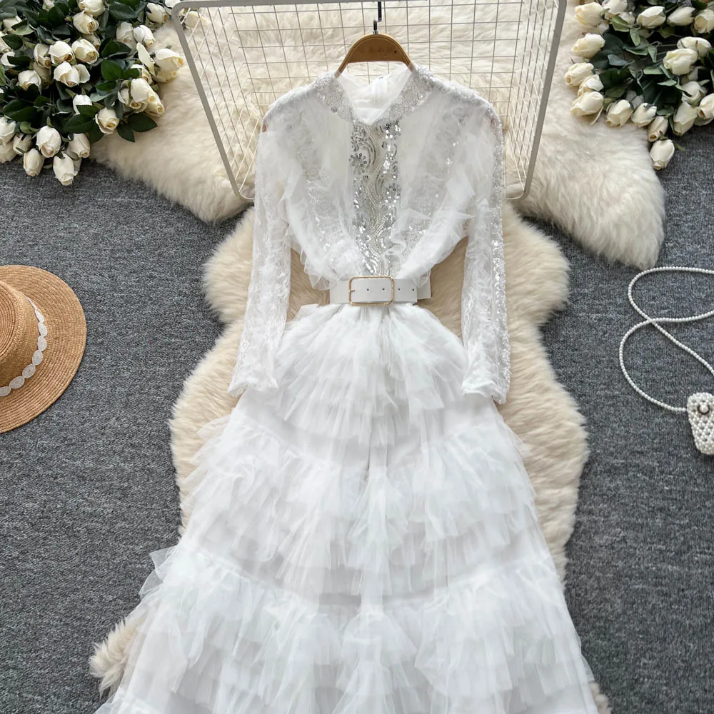 Elegant Embroidered Sequins Long Dresses Autumn Women Layer Ruffles Cake Full Sleeve Evening Party Vestidos Mesh Tulle Long Robe