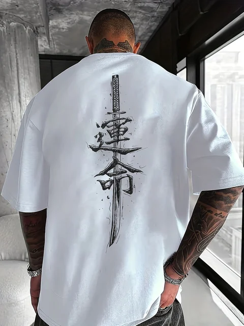 Men's summer  pure cotton fashionable casual loose Japanese samurai sword pattern printed round neck short sleeved T-shirt 1