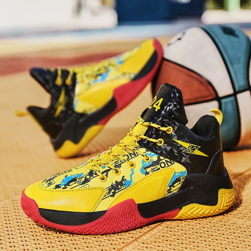 

Fashion High Top Yellow Men's Sneakers Basketball Anti-slip Elastic Basketball Shoes Men Size 39-45 Breathable Sport Shoes Man