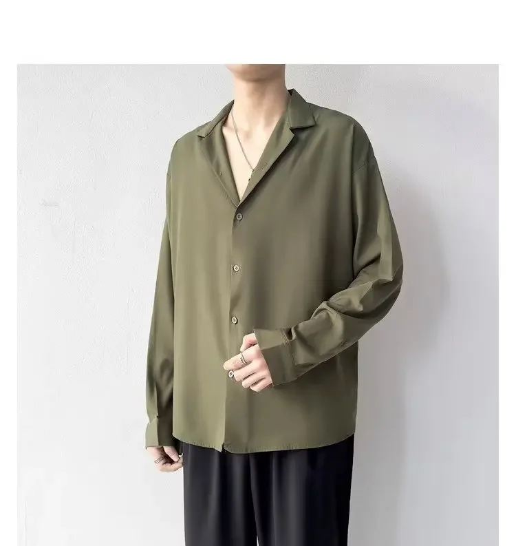 Koreanische Mode männer Hemd Frühling Sommer Neue Lose Beiläufige Lange ärmeln Revers High Street Männlichen Anzug Hemd Weiß schwarz Grau Grün – Detail 16