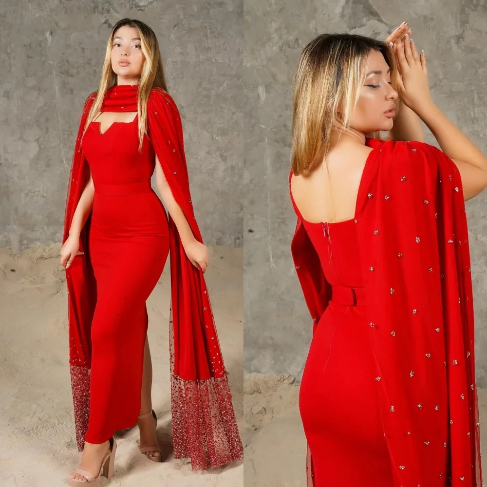 Robe de soirée en Jersey personnalisée, paillettes et strass, ligne a, col carré, sur mesure, robes mi-longues