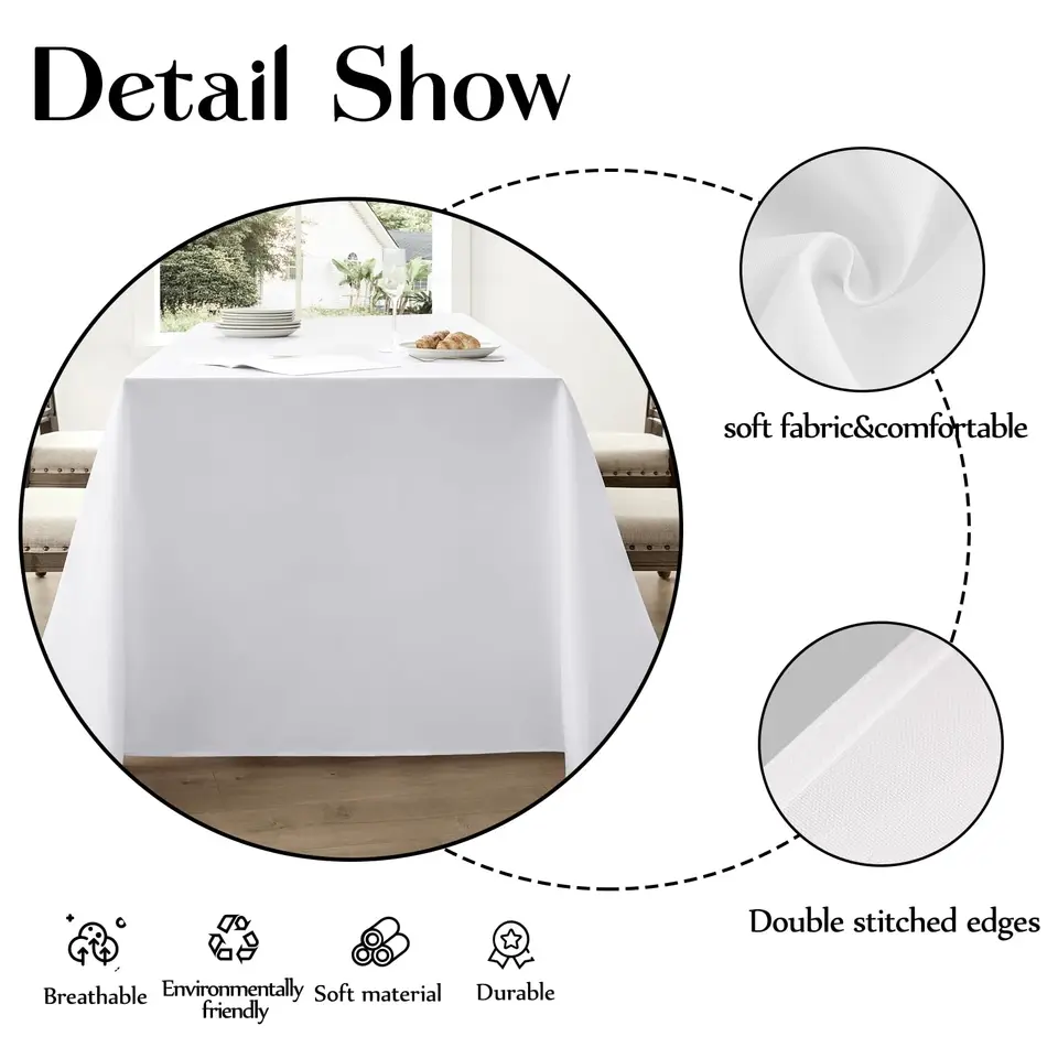 White Table Cloth Stain Resistant Decorative Washable Polyester Rectangle Tablecloths for Dining Table Parties and Wedding