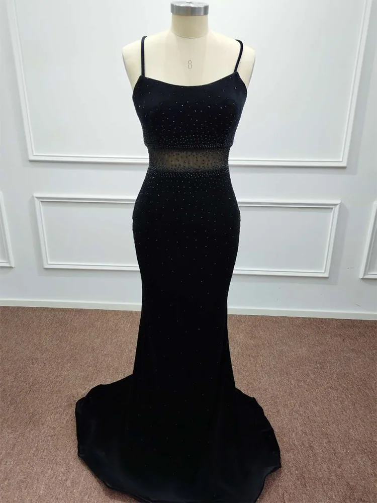 

Spaghetti Straps Black Velvet Mermaid Evening Dresses Illusion Sleeveless Pearls Long Formal Prom Party Gowns Vestido De Fiesta