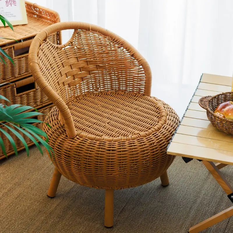 Home Rattan Woven Chair Small Chair for Balcony and Living Room Tatami Low Backrest Single Round Adult Woven Stool