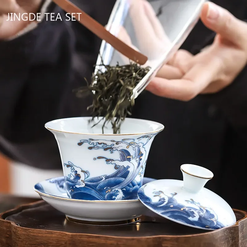 Exquisite Enamel Ceramics Gaiwan Outline In Gold White Porcelain Tea Tureen Teacup Household Tea Set Chinese Cover Bowl