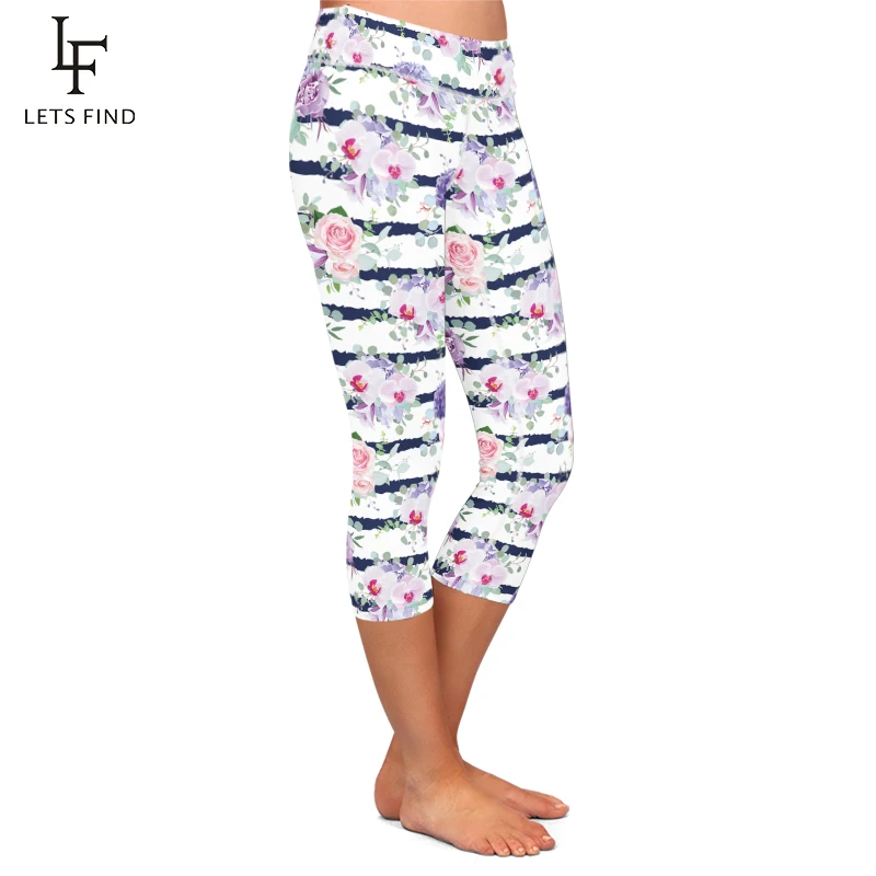 New High Elastic Capri Leggings High Waist Flowers Print  Mid-Calf 3/4 Stretch Women Leggings for Summer