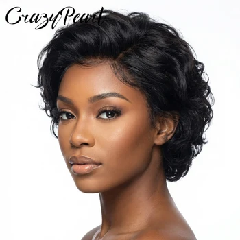 Parrucca CrazyPearl 13X4 con frontale in pizzo, taglio pixie, capelli umani corti ricci neri, capelli brasiliani Remy, linea naturale dei capelli per donne di colore
