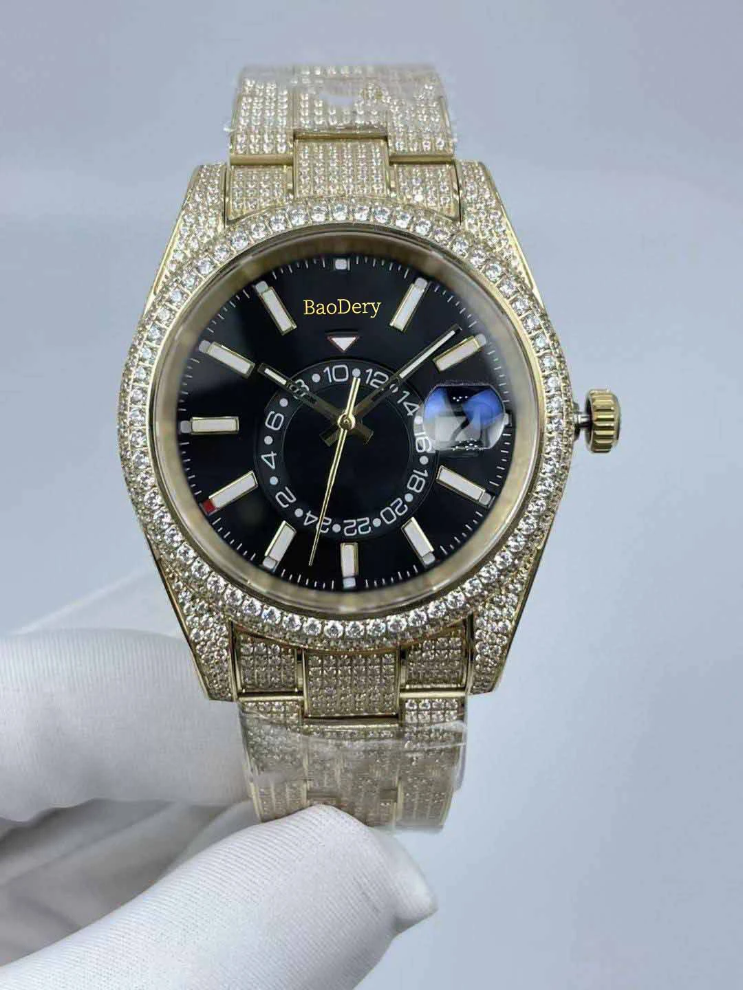 

42mmLuxury Watch Collection for Men - Diamond Bezel Strap, Gold Dial, Mechanical Movement, Waterproof, Folding Buckle, Diving Ca