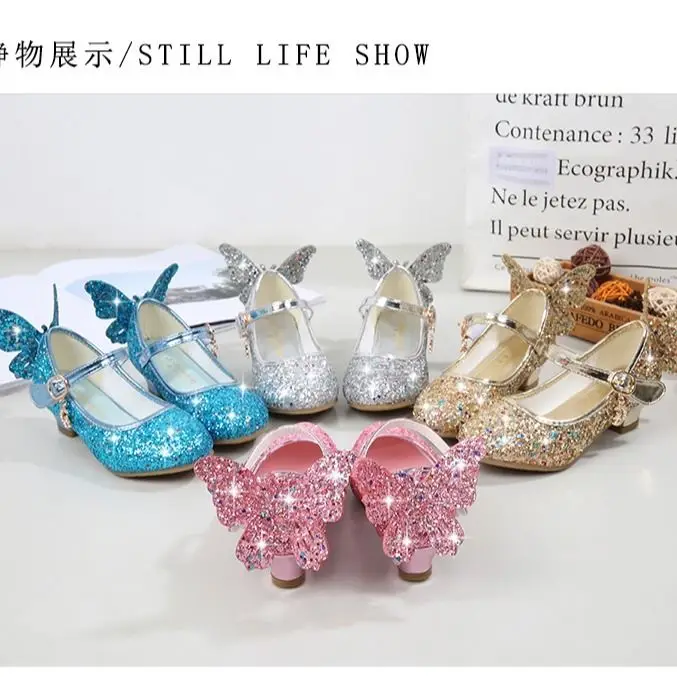 

Princess Kids Leather Shoes for Girls Dress Shoe Glitter Children High Heel 2021 Girls Shoes Butterfly Knot gold Pink Silver