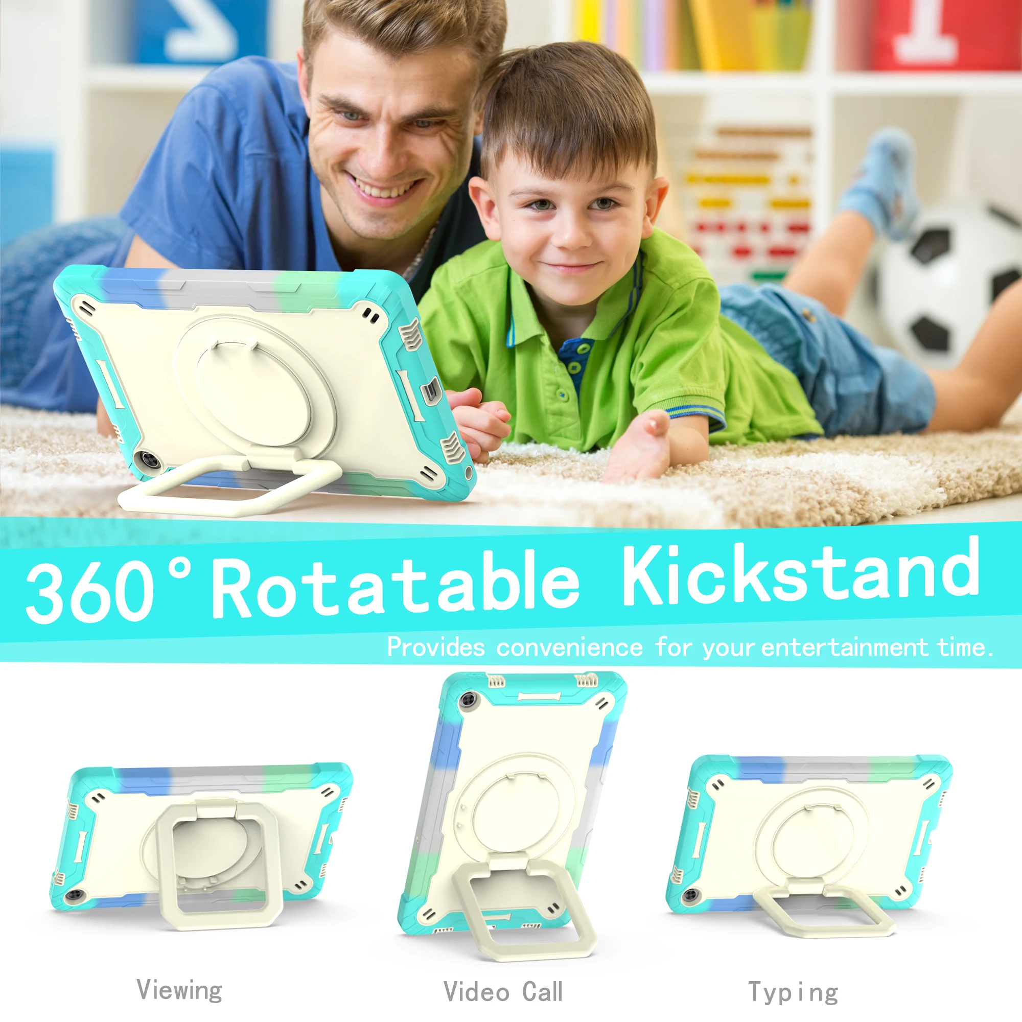 Durable 360° Swivel Stand Tablet Case with Shoulder Straps, Drop & Shockproof Design