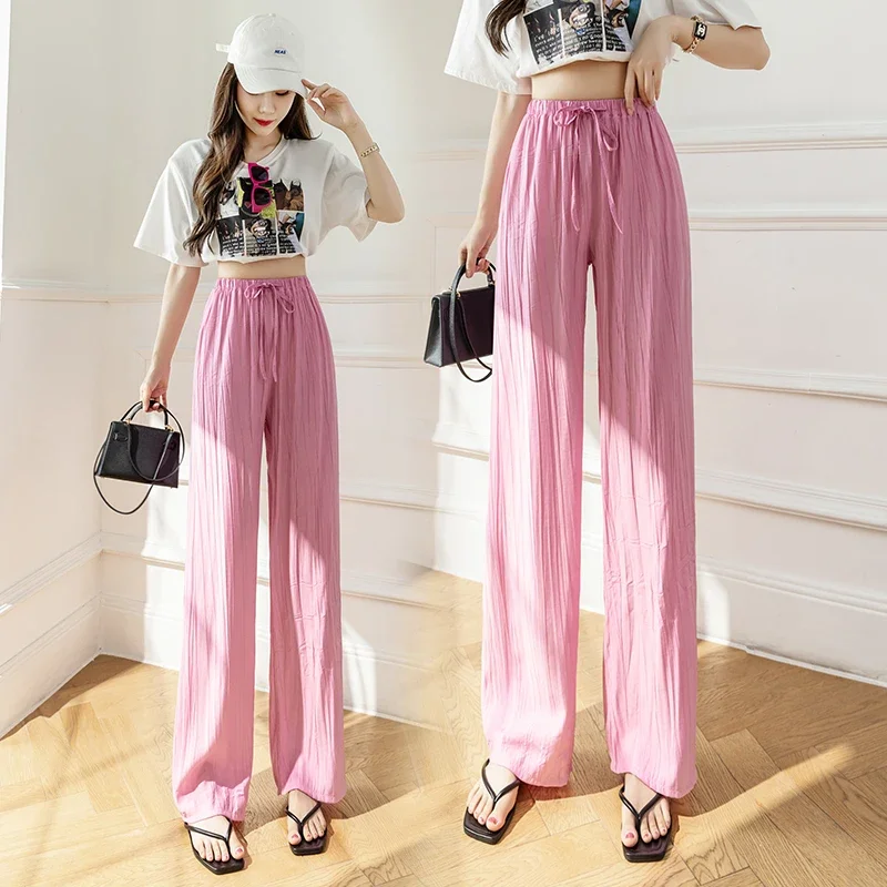 Korean Fashion Ice Silk Cool Pant Streetwear Women Wide Leg Pants Womens Casual Summer Girls Drawstring Baggy Trouse