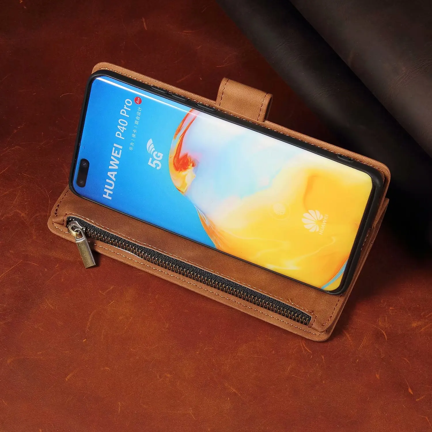Luxury Leather Wallet with Magnetic Zipper - Retro Flip Card Stand Mobile Case