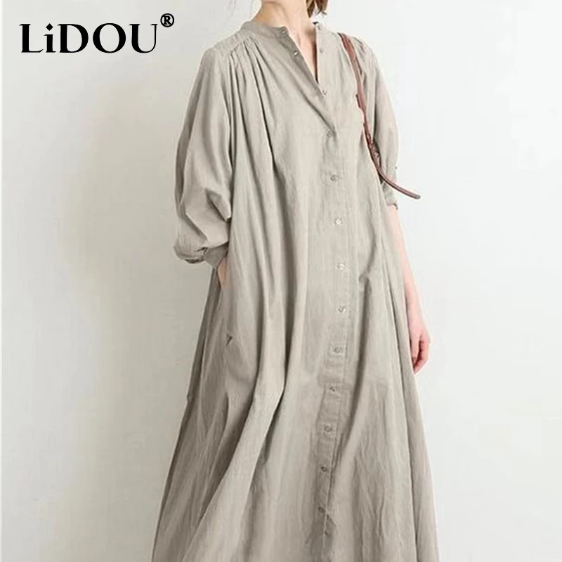 

2023 Spring Summer New Solid Color Round Neck Single Breasted Vintage Dress Women Fashion Loose Casual Cotton Hemp Maxi Dresses