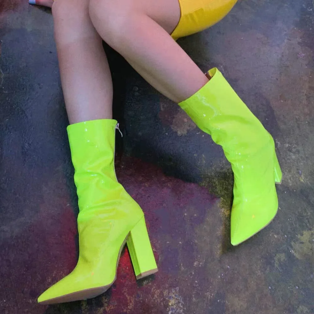 

Short Boots Female Autumn Winter New Chunky High Heels Candy-colored Boots Mid-calf Bright Pu Leather Green Pink Women's Botas